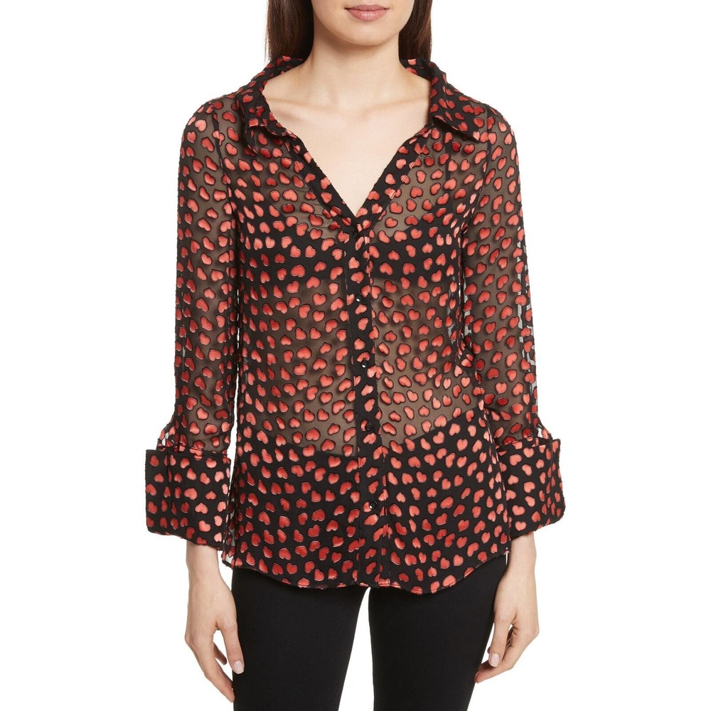 ALICE + OLIVIA Button Down Top Women XS Black Red Emmerson Burnout Heart Blouse